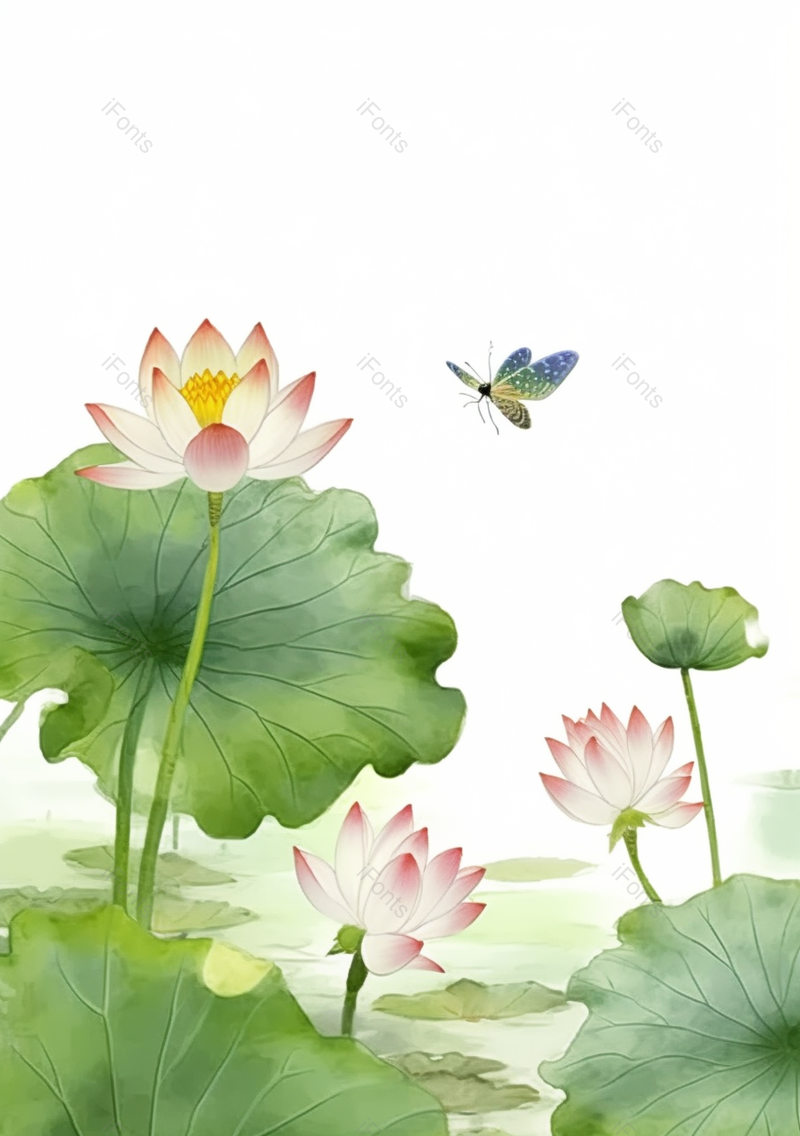 唯美绿色中国风池塘荷叶荷花胡蝶插画,插画/手绘图,插画/手绘图库,插画/手绘图下载,插画/手绘
